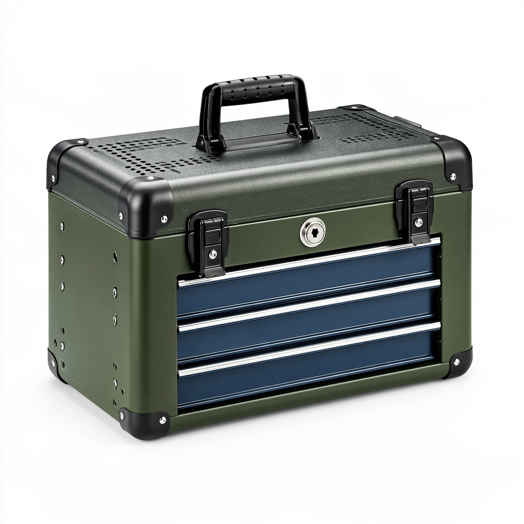 Coffre à outils portable 45 x 25 x 32 cm en métal vert avec 3 tiroirs verrouillables