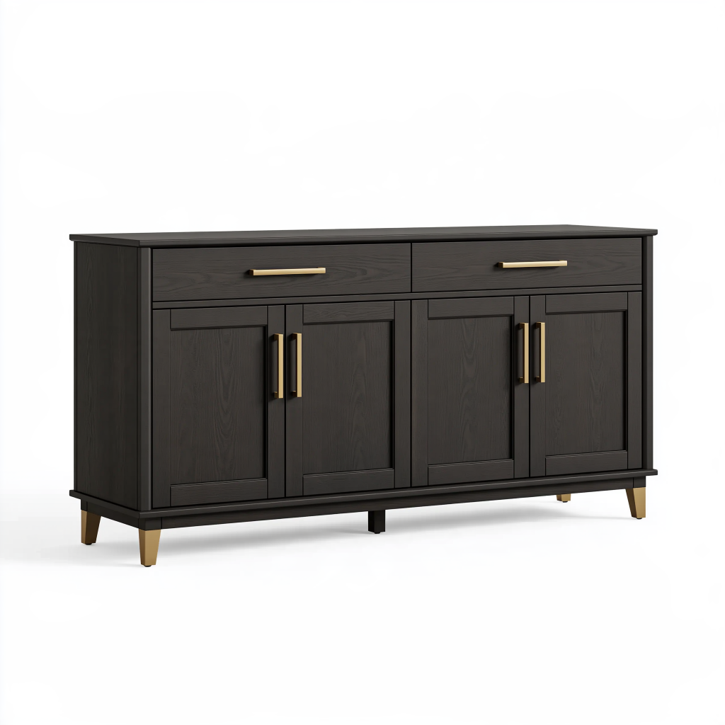 Buffet 160 x 40 x 90 cm noir aspect bois avec 4 portes et 2 tiroirs style contemporain