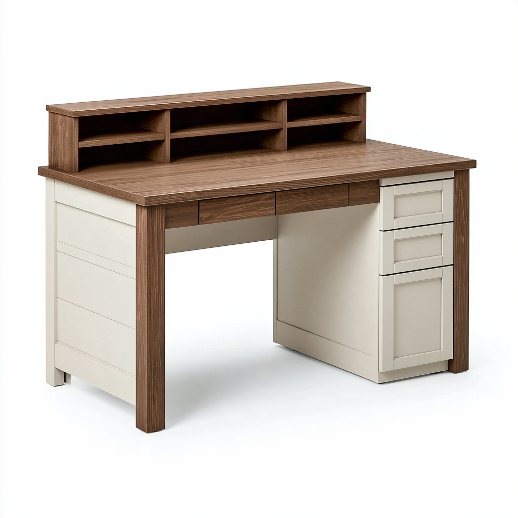 Bureau 140 x 60 cm en panneaux de bois marron et blanc avec tiroirs et étagères