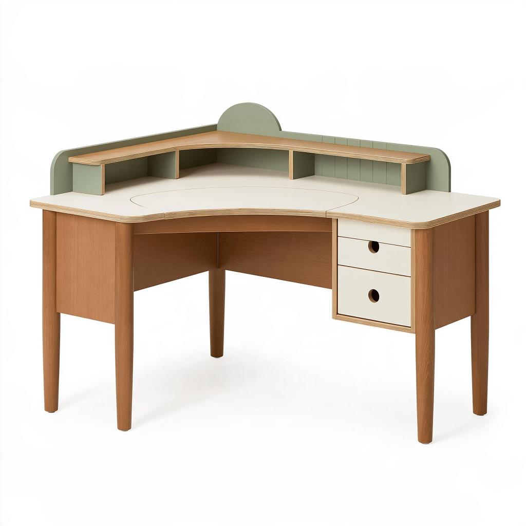 Bureau d'angle 120 x 120 cm en bois beige et vert avec 2 tiroirs style moderne