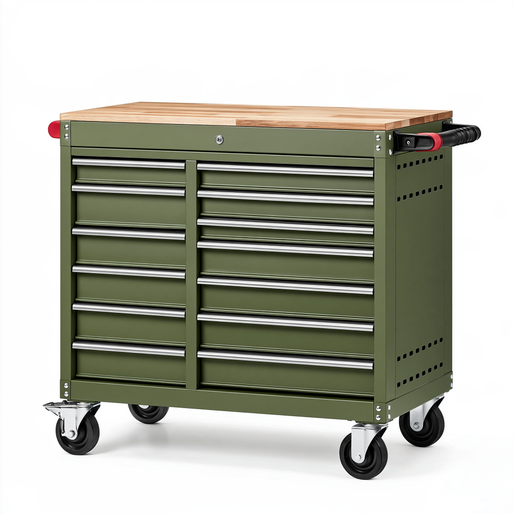 Servante d atelier 100 x 50 x 95 cm en acier vert avec 10 tiroirs plateau en bois et roulettes