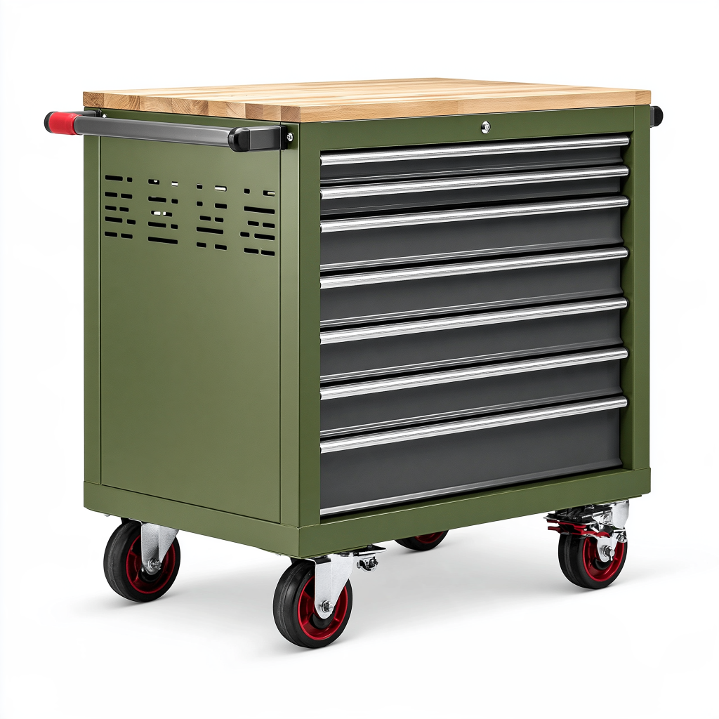 Servante d'atelier 76 x 46 x 94 cm en acier vert avec 7 tiroirs et plateau en bois