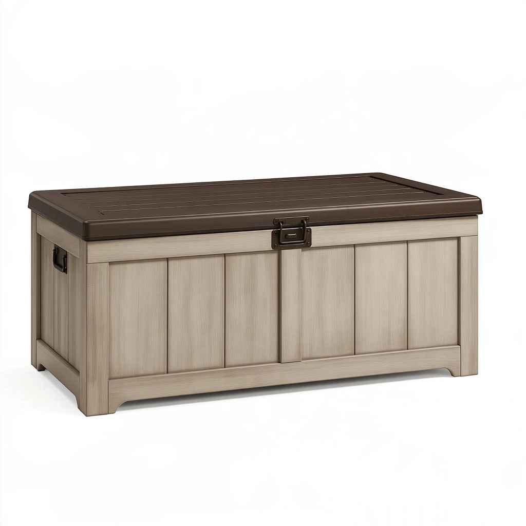 Coffre de rangement extérieur 120 x 55 x 60 cm en résine beige et marron avec couvercle à loquet