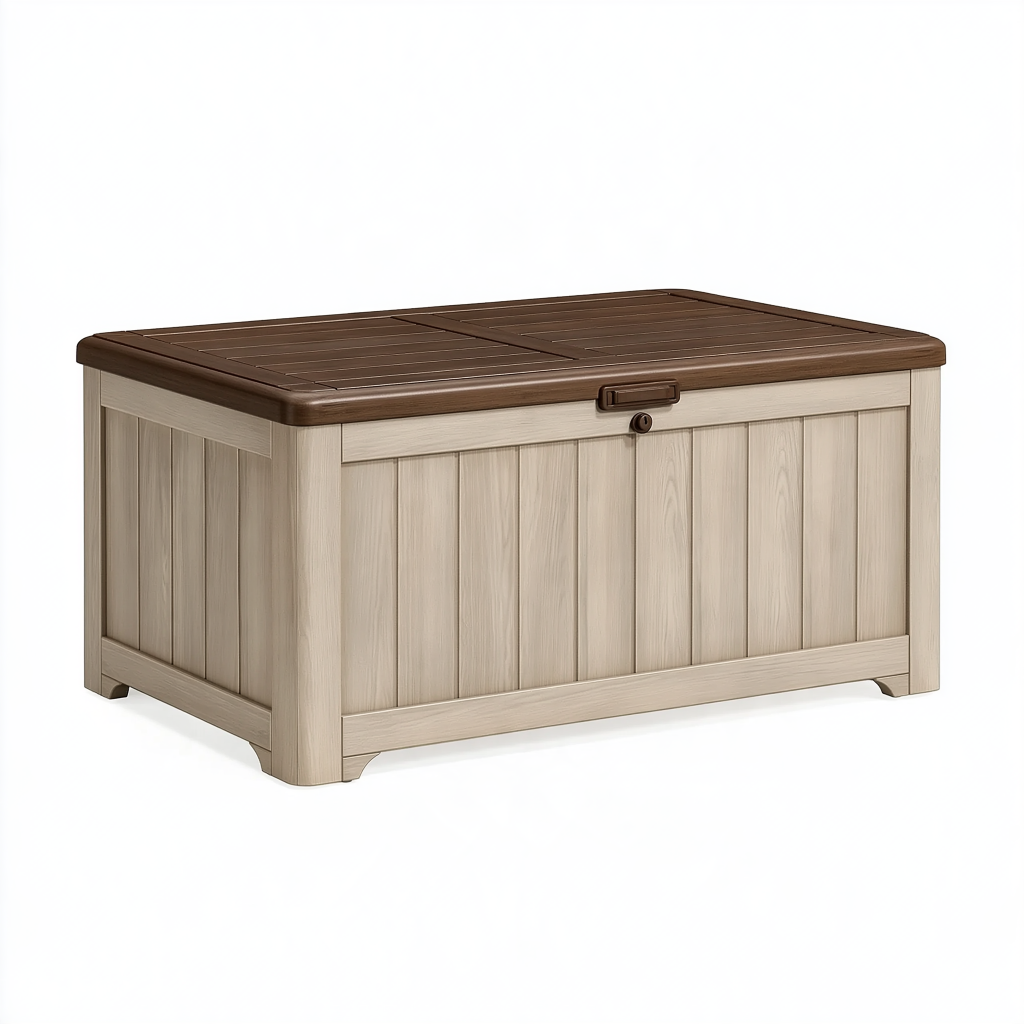 Coffre de rangement extérieur 120 x 60 x 63 cm en résine beige marron avec couvercle