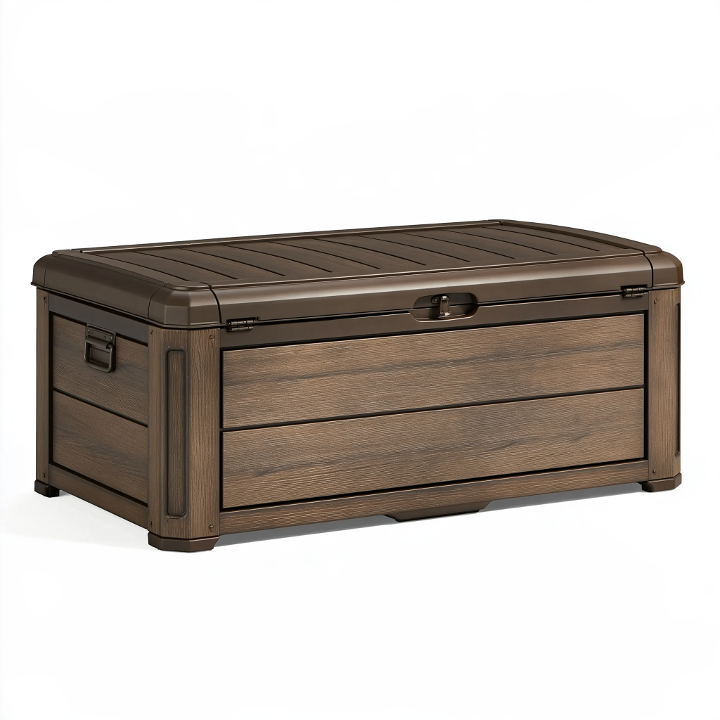 Coffre de rangement extérieur 120 x 60 x 60 cm en plastique marron effet bois avec couvercle