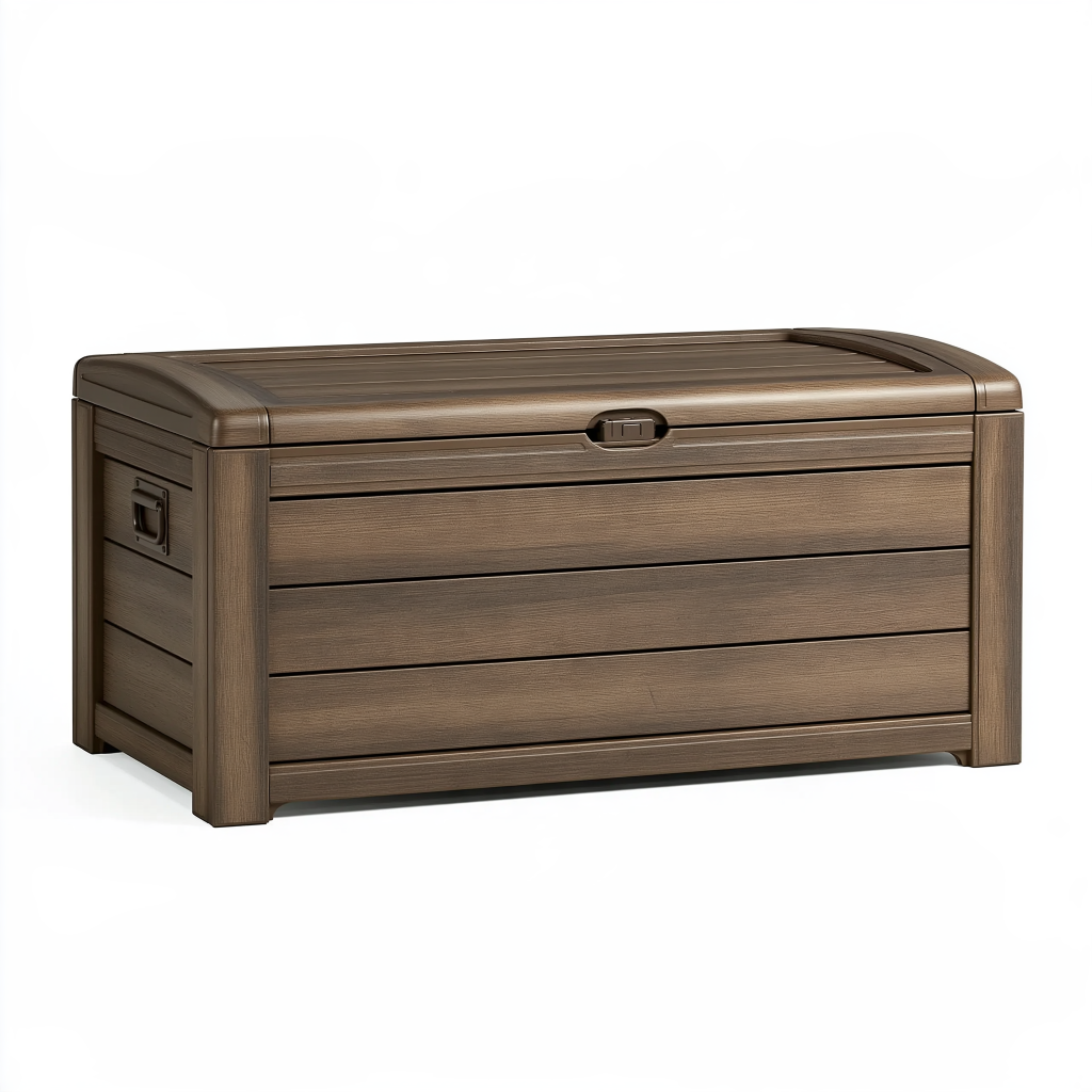 Coffre de rangement extérieur 120 x 60 x 65 cm en résine marron effet bois avec couvercle