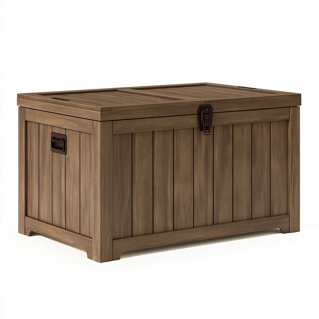 Coffre de rangement extérieur 120 x 60 x 65 cm en plastique brun aspect bois avec couvercle
