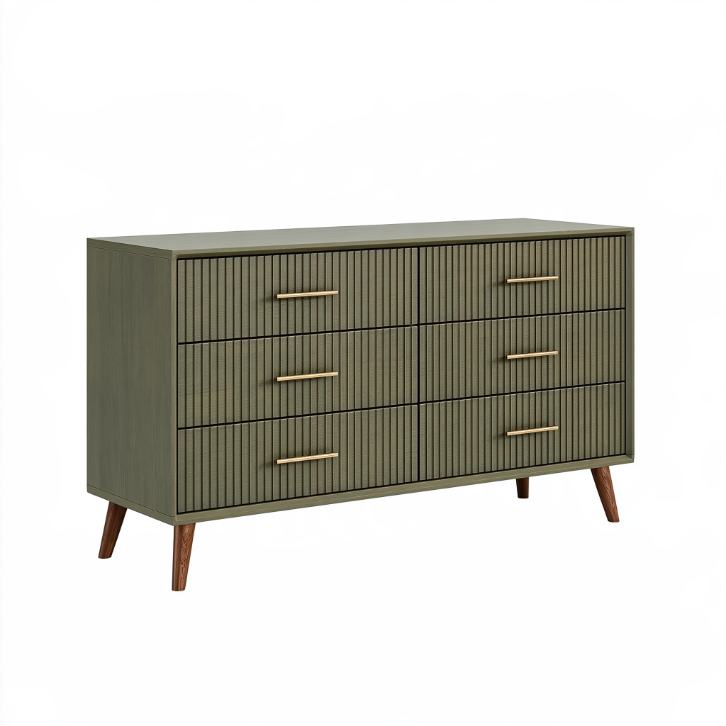 Commode 140 x 40 x 80 cm en bois vert olive à 6 tiroirs style rétro