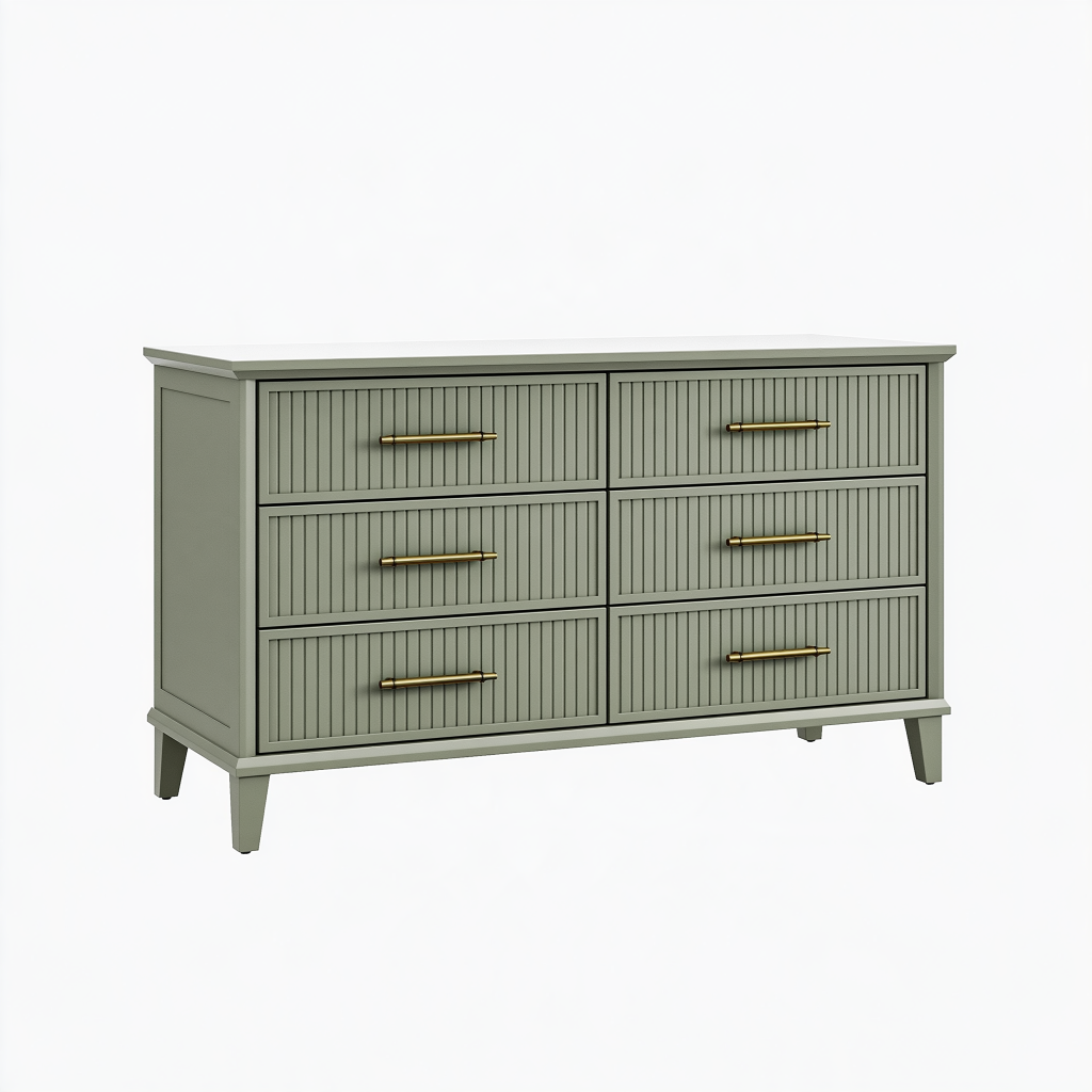 Commode 140 x 45 x 85 cm en bois vert sauge à 6 tiroirs style contemporain