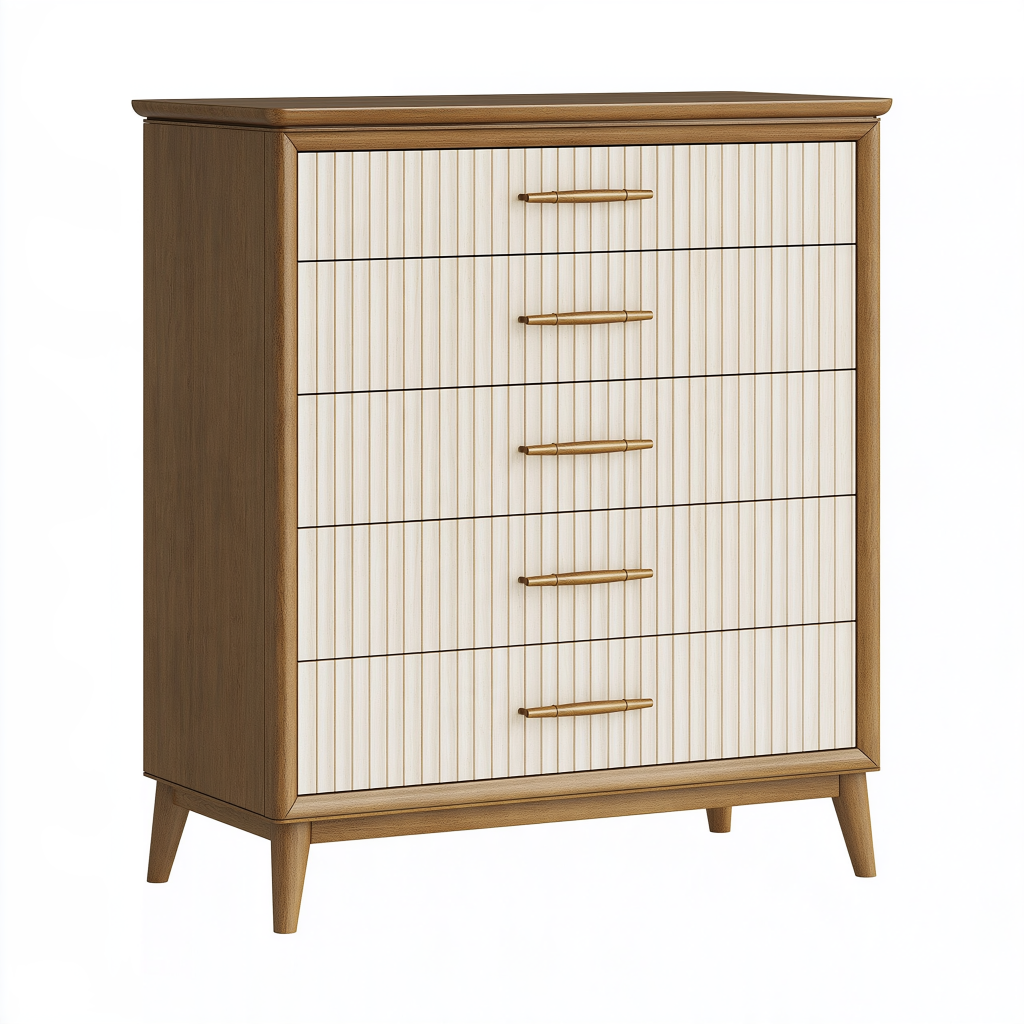 Commode 90 x 45 x 120 cm en bois brun et blanc à 5 tiroirs style rétro