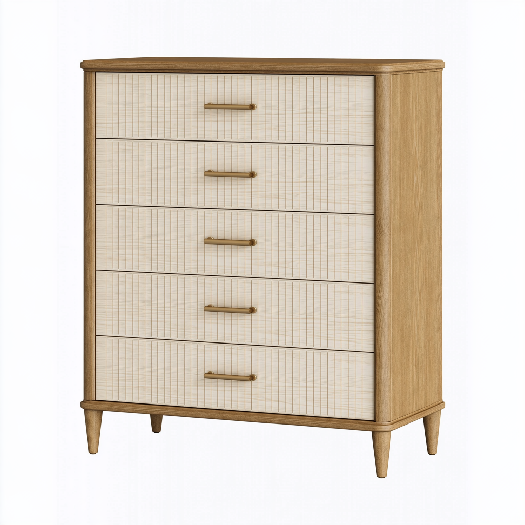 Commode 90 x 45 x 125 cm en bois naturel et crème à 5 tiroirs style scandinave