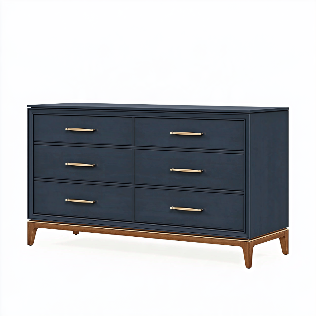 Commode 160 x 45 x 85 cm en bois bleu nuit à 6 tiroirs style classique