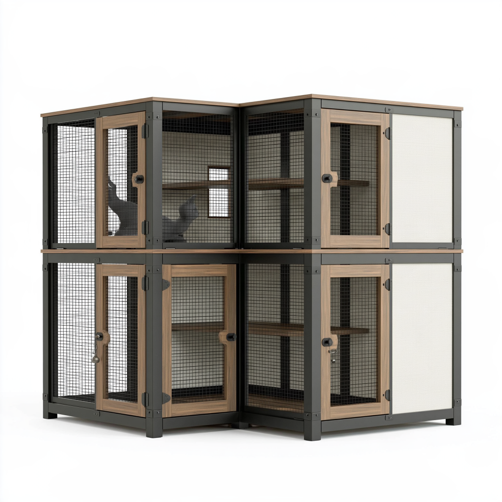 Cage pour chat 180 x 60 x 140 cm en acier et bois noir marron avec plateformes