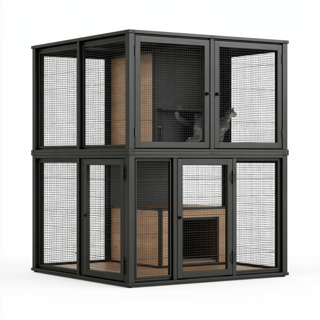 Cage intérieure pour chat 180 x 90 x 180 cm en acier noir et bois avec niveaux grillagés