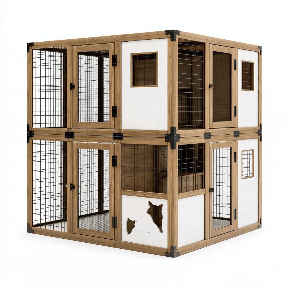 Enclos pour chat 120 x 60 x 120 cm en bois et métal marron blanc - double niveau avec portes grillagées