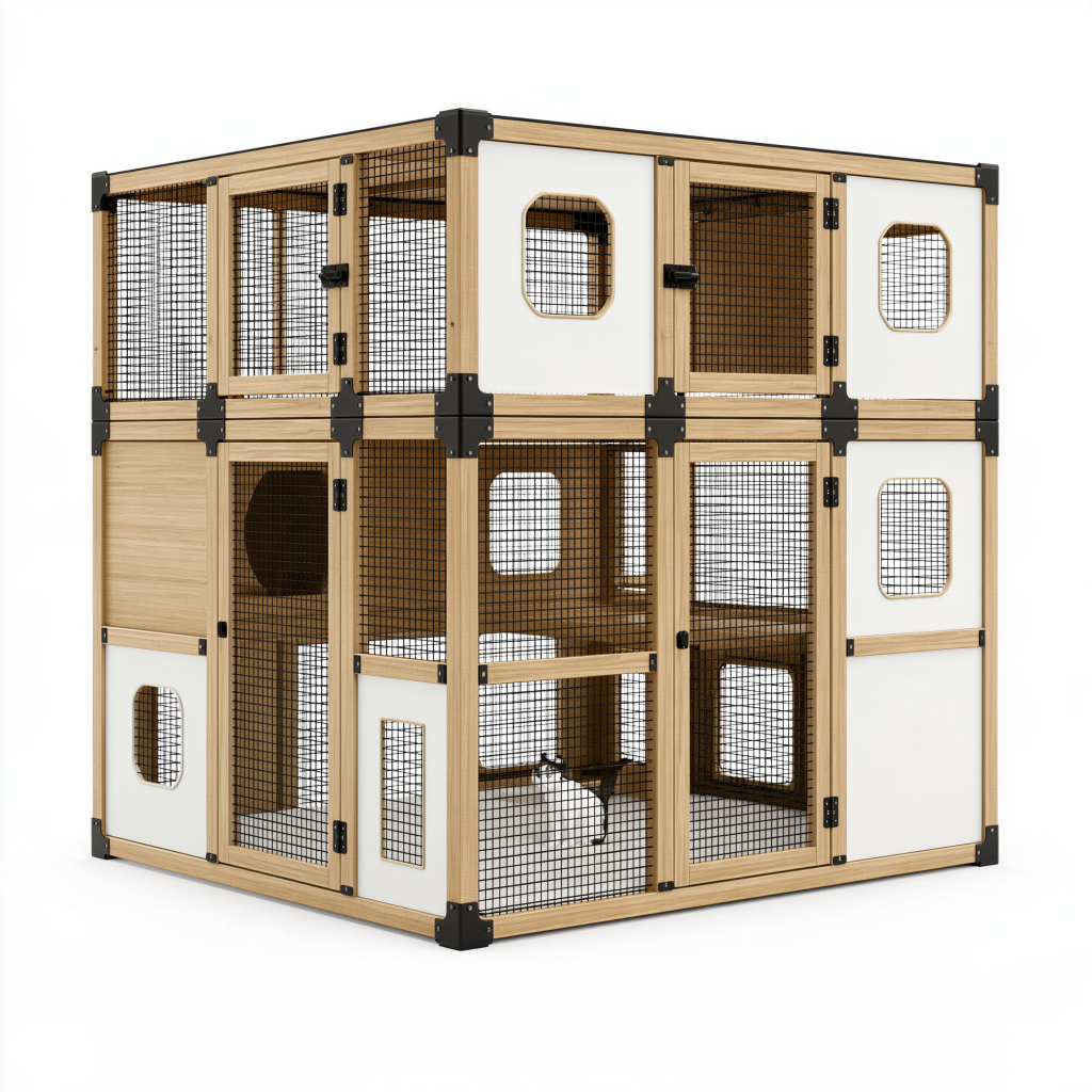 Enclos pour chats 140 x 70 x 140 cm en bois et métal naturel/blanc à 2 niveaux