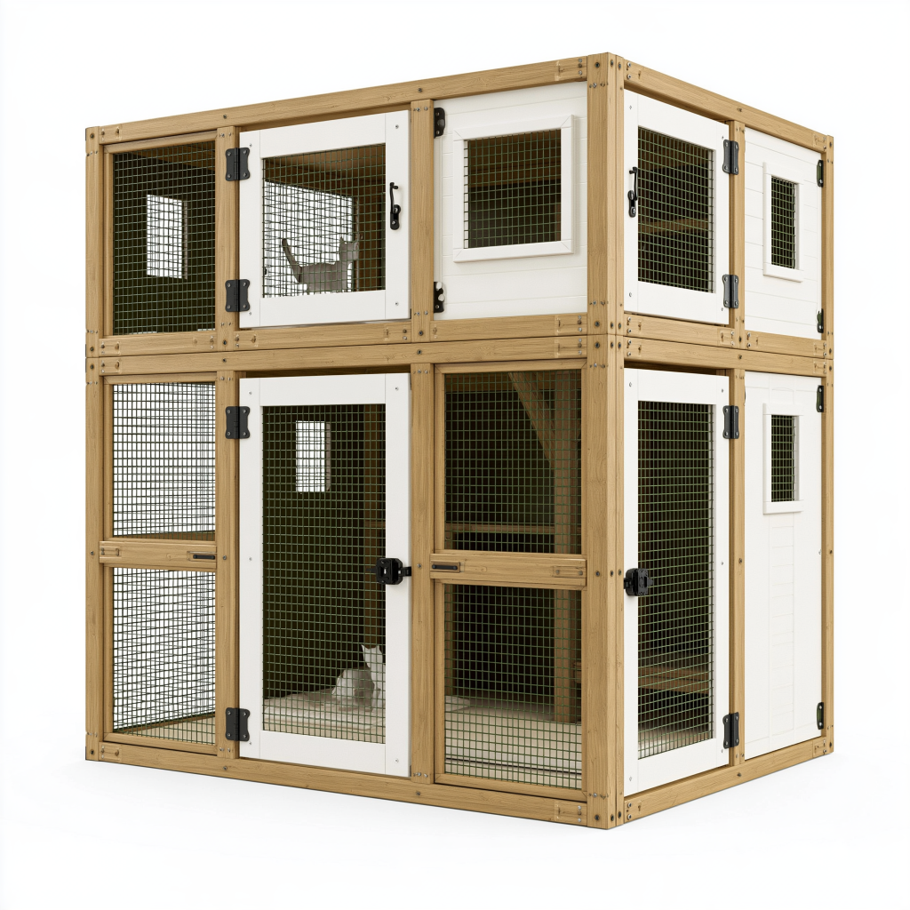 Enclos pour chat 120 x 120 x 180 cm en bois naturel et blanc avec grillage métallique à deux niveaux
