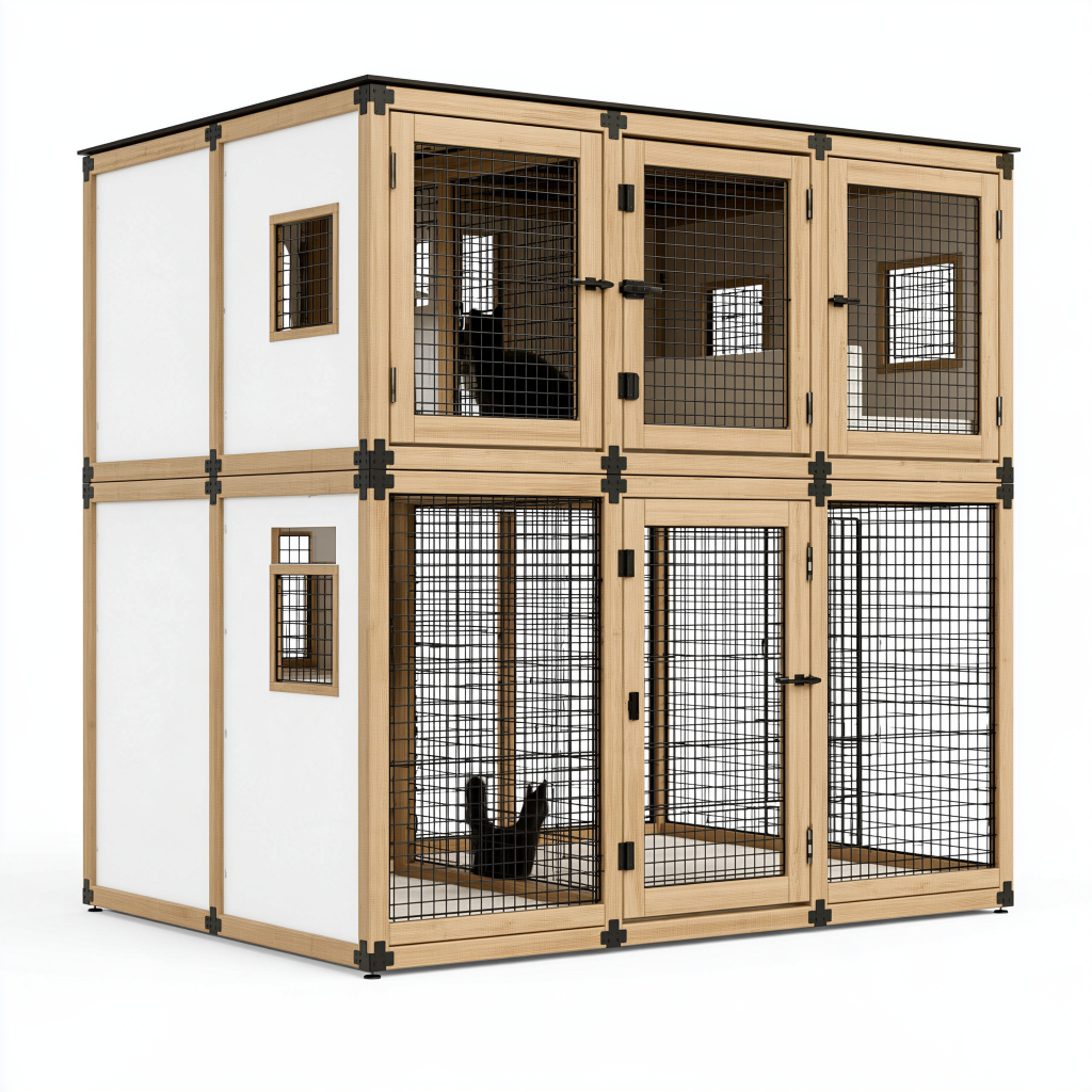 Enclos intérieur pour chat 180 x 90 x 180 cm en bois naturel et métal noir à deux niveaux